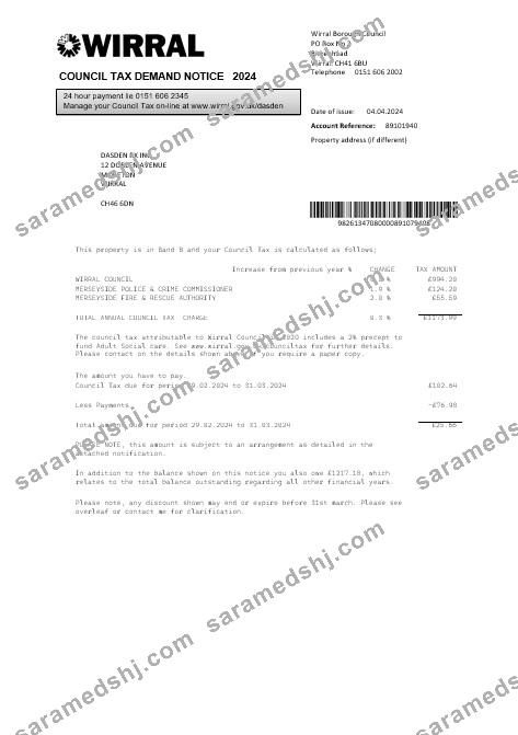 United Kingdom Wirral council tax business utility  bill template in Word and PDF formats